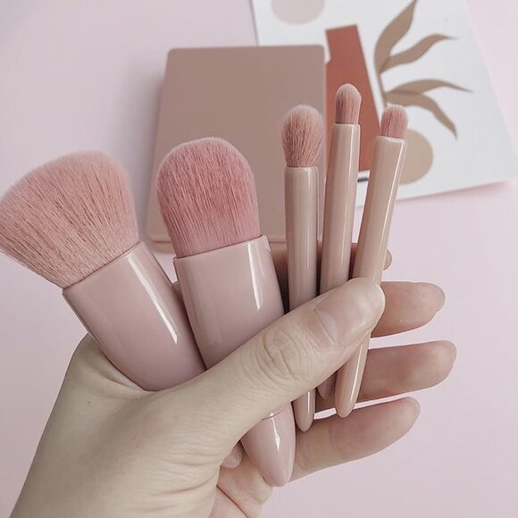 NEW -  5pcs Portable Makeup Brush Set With Mirror Hypoallergenic Pink Brushes - Picture 10 of 12